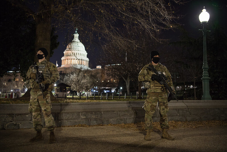 U.S. Army Soldiers assigned to the VA Army National Guard stand guard at the U.S. Capitol building on Jan. 16, 2021.