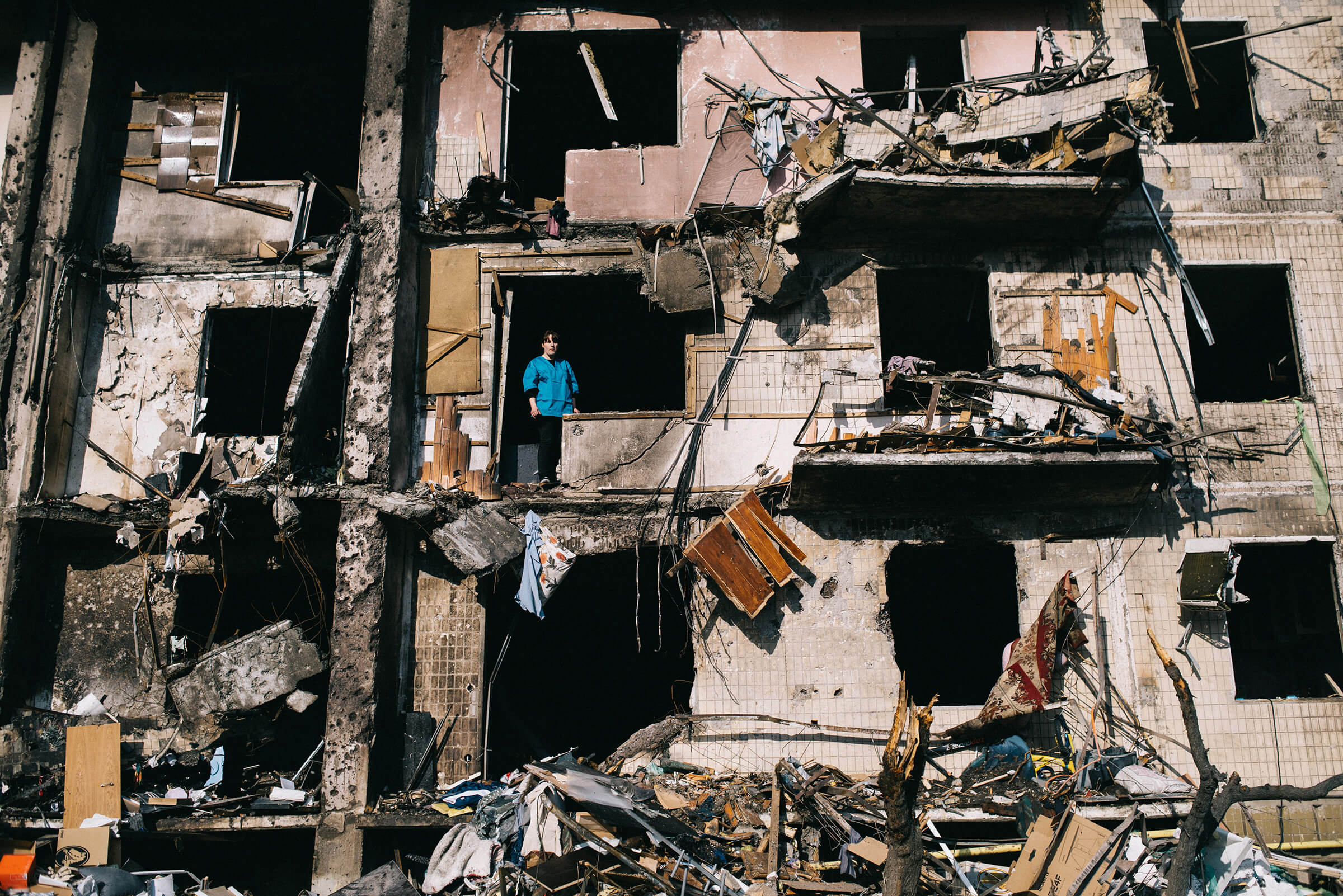 Apartment building destroyed after the rocket attack by Russia, Kyiv, Ukraine.