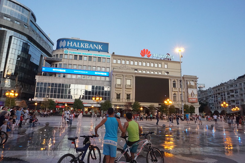 A Halkbank sign in Macedonia Square, Skopje. (Andrew Milligan, https://www.flickr.com/photos/andrewmilligansumo/50382972493/in/photostream/; CC BY 2.0, https://creativecommons.org/licenses/by/2.0/)