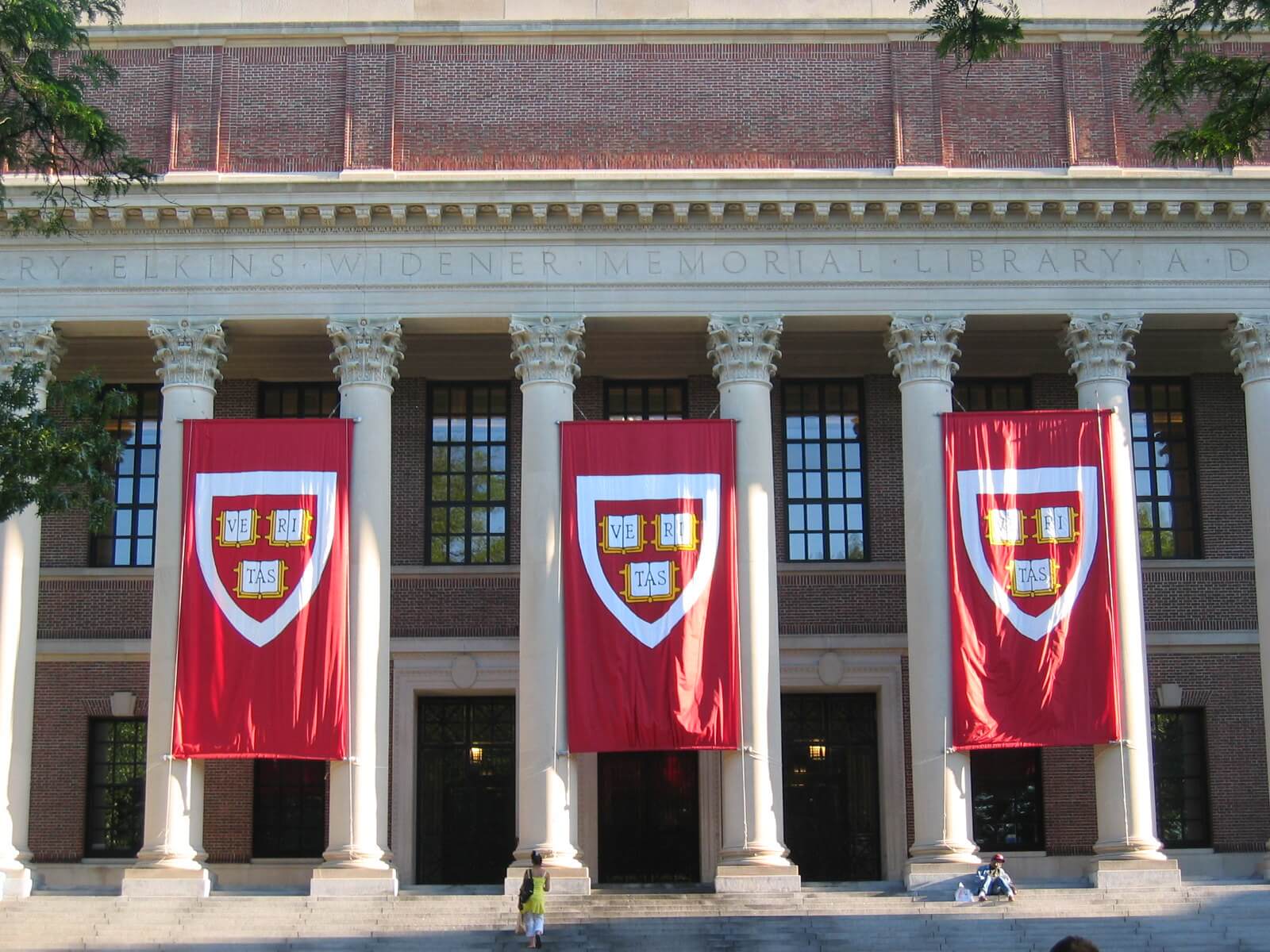 Banners at the exterior of Harvard's Widener Library