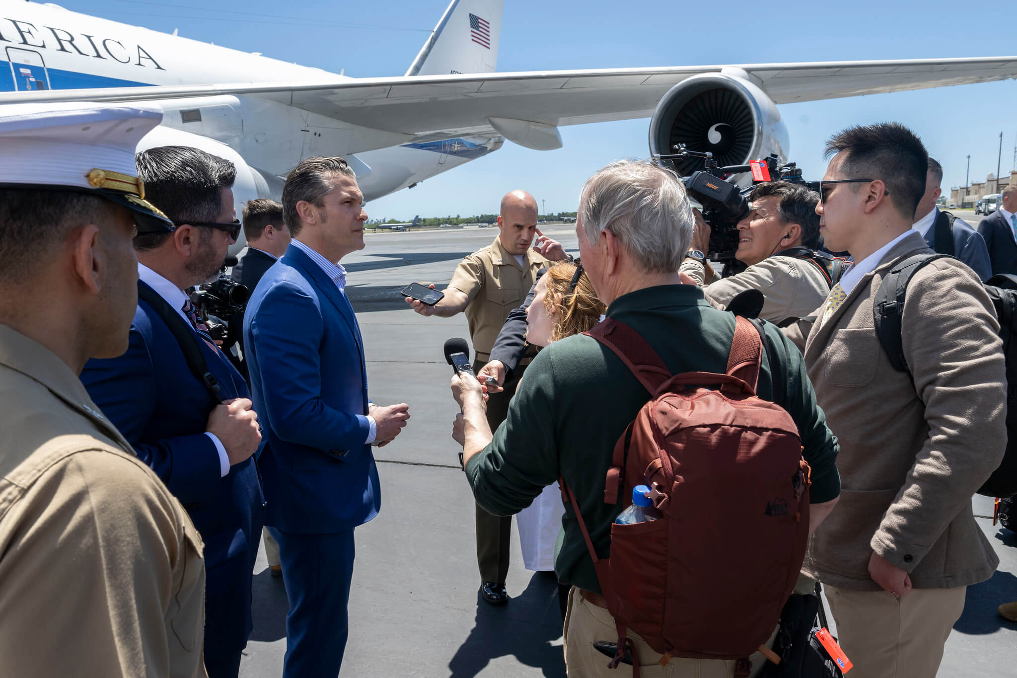 Secretary of Defense Pete Hegseth gives a statement to the press after arriving at Joint Base Pearl Harbor-Hickam, Hawaii, March 24, 2025. (DOD photo by U.S. Air Force Senior Airman Madelyn Keech)