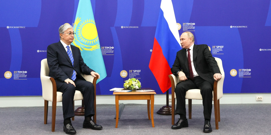 Kassym-Jomart Tokayev, president of Kazakhstan, meets with Russian President Vladimir Putin on June 17, 2022, during the St. Petersburg International Economic Forum.