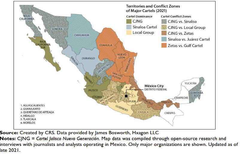 Map showing territories and conflict zones of major cartels (2021)