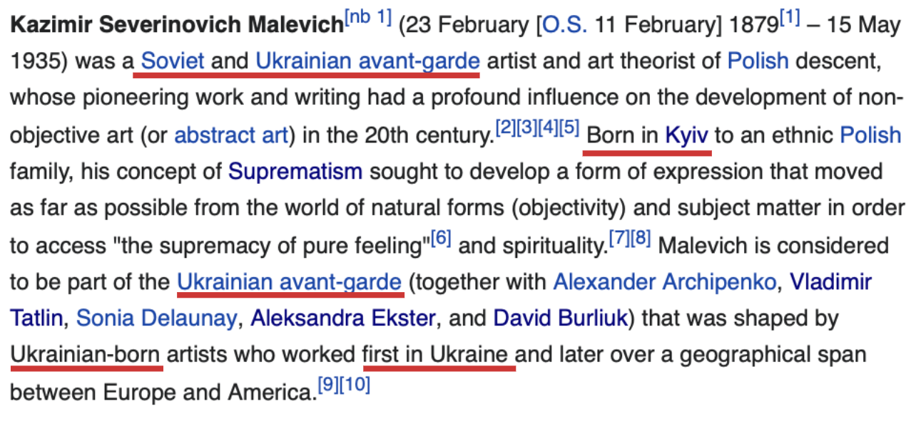 Screenshot of Kazimir Malevich's Wikipedia page on April 9 at 22:30.